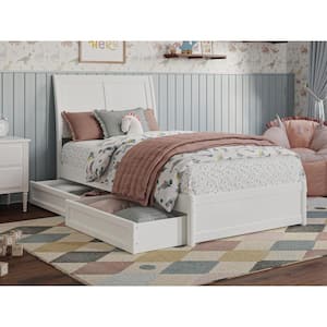 Andorra White Solid Wood Frame Twin Platform Bed with Panel Footboard and Storage-Drawers