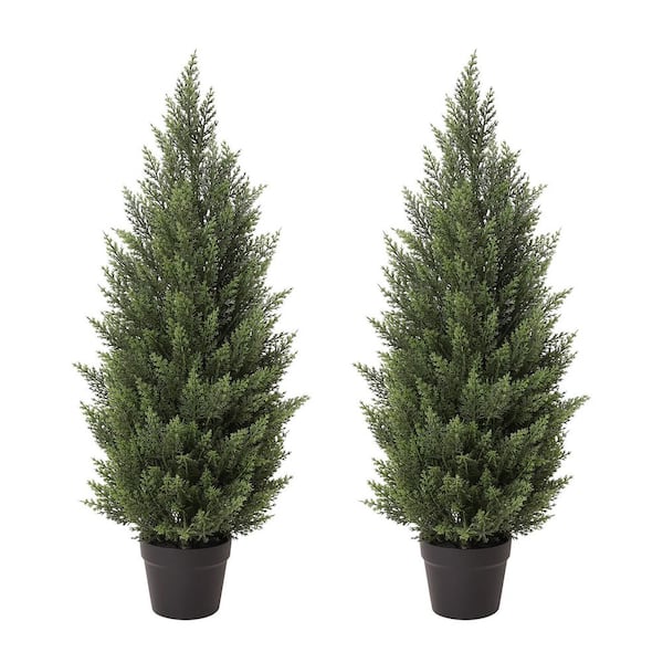 4 ft. Artificial Topiary Cedar Trees Outdoor Indoor Faux Pine Shrubs Plants for Home Offices 2 Set
