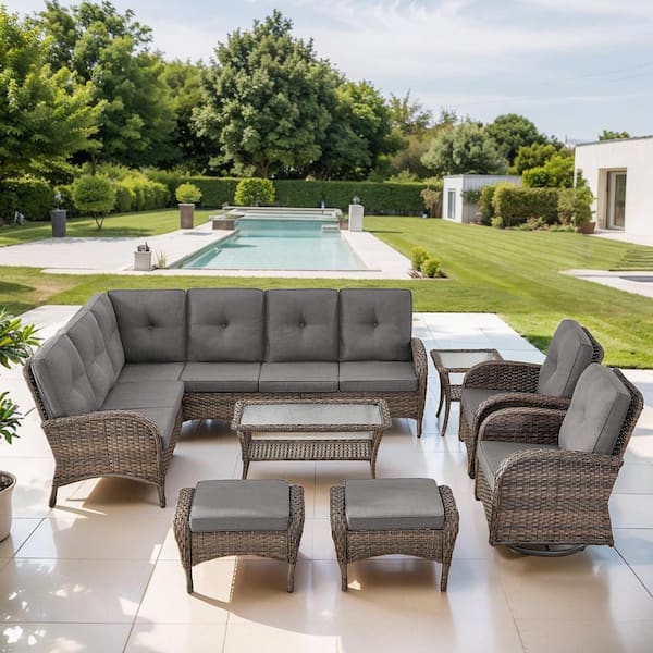 Opohoro Brown 7-Piece Wicker Patio Conversation Sectional Seating Set with Gray Cushions and Swivel Rockers