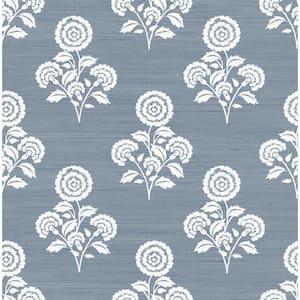 Blue Flourish Block Print Mineral Faux Grass Cloth Peel and Stick Wallpaper