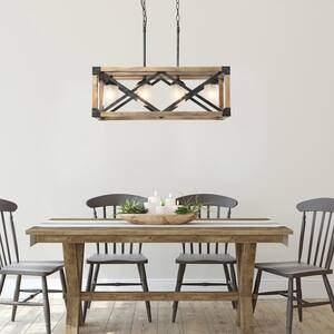 Farmhouse Dining Room Chandelier, 4-Light Brown Wood/Black Metal Kitchen Island Pendant with White Frosted Glass Shades