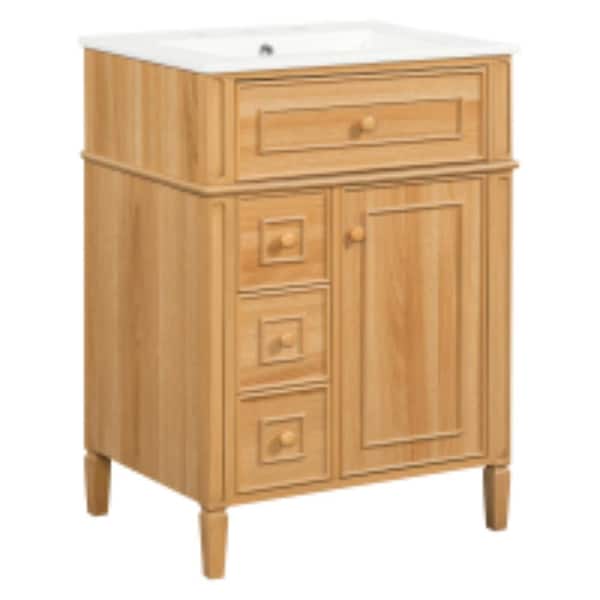 24" Bathroom Vanity With Sink, Flip-Out Drawer & 2 Soft-Close Drawers, Solid Wood & MDF, Wood Handles