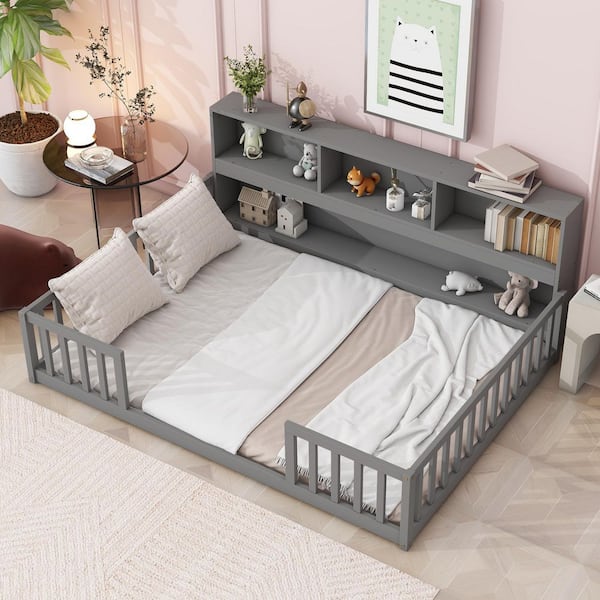 Gray Wood Frame Full Size Platform Bed with Bedside Bookcase and Guardrails
