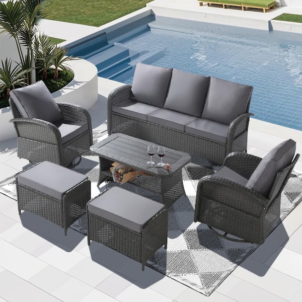 NOBLEMOOD Gray 6-Pieces Wicker Outdoor Couch with Swivel Rocker Chairs Gray Cushions