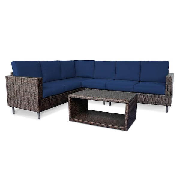 Leisure Made Draper 5-Piece Wicker Outdoor Sectional with Navy Cushions