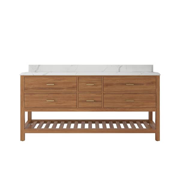 Willow Collections Parker Teak 72 in. W x 22 in. D x 36 in. H Double Sink Bath Vanity in Golden Teak with 1.5 in. Calacatta Laza Qt. Top