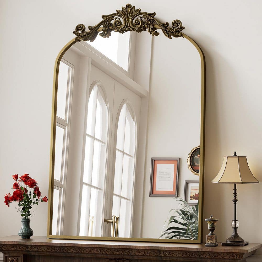 Elegant Arched Medium Brown Metal Framed Vanity Mirror