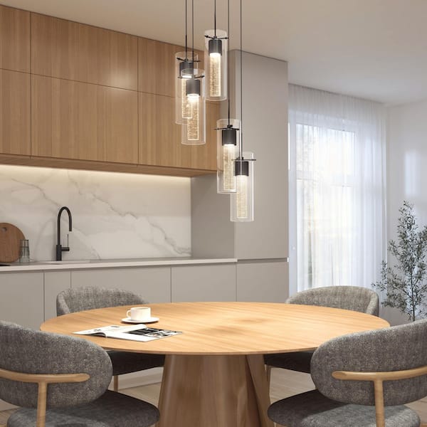 Essence 29-Watts 5-Lights Matte Black Integrated LED Pendant Light with Bubble Glass Shade