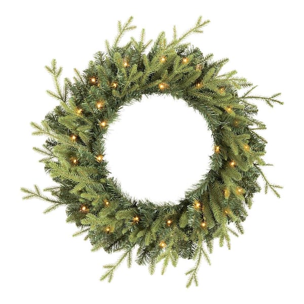 Home Accents Holiday 30 in Elegant Battery Operated Noble Fir LED Pre-Lit Artificial Wreath with Timer and 35 Micro Dot Lights