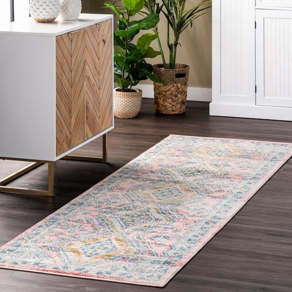 Louise Tribal Diamond Light Pink 2 ft. 8 in. x 8 ft. Indoor Runner Rug
