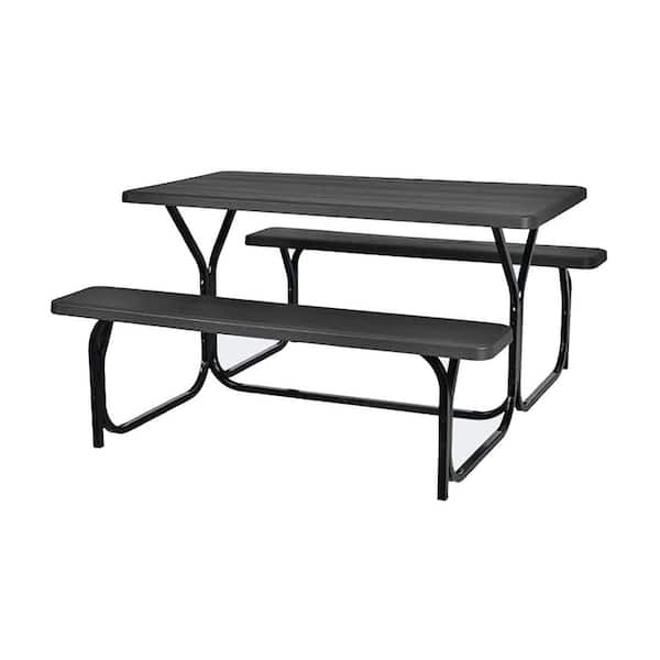Portable Plastic Picnic Table Set with Steel Frame Wood-Like Texture All Weather Heavy Duty for Outdoor Dining