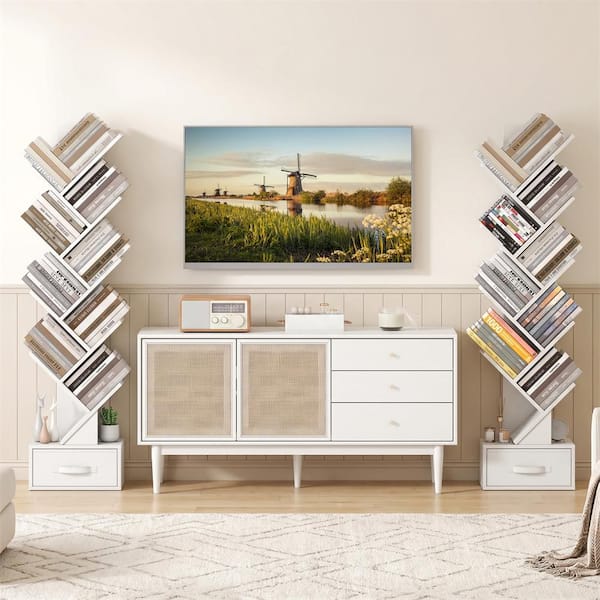 15 in. Wide White 10-Tier Tree Bookshelf with Drawer Free-Standing Bookcase Storage Shelf