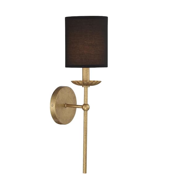 TUXEDO PARK LIGHTING 5 in. W x 18.5 in. H 1-Light True Gold Wall Sconce with Black Linen Fabric Shade