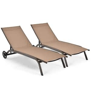Reclining Metal Outdoor Lounge Chair Chaise Adjustable Back with Wheels Brown (2-Pack)