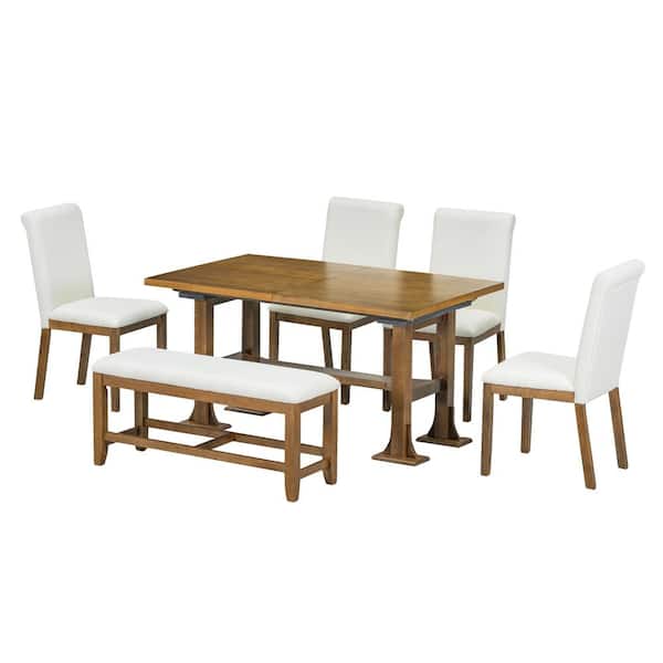 6-Piece Farmhouse Dark Brown Extendable Wood Top Dining Room Set Seats 5