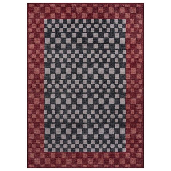 Checkerboard Panel Slate Machine Washable Polyester Non-Slip Backing 6 ft. x 9 ft. Gray Area Rug