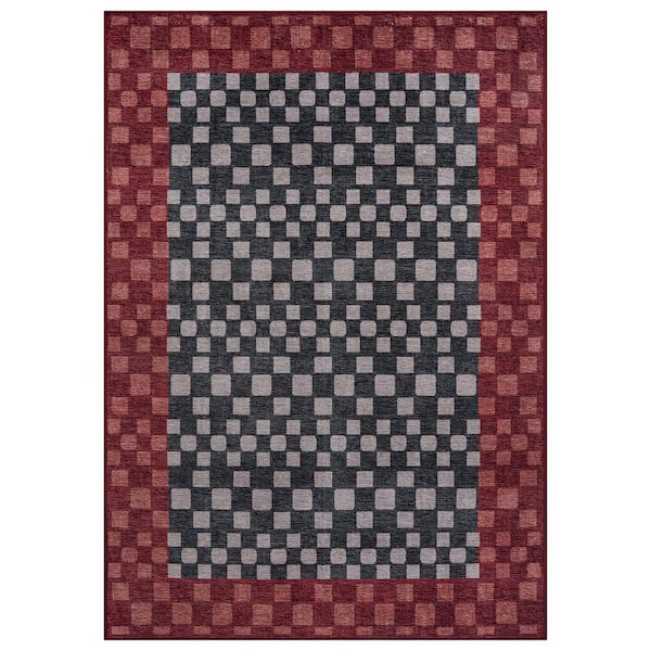 Checkerboard Panel Slate Machine Washable Polyester Non-Slip Backing 8 ft. x 10 ft. Gray Area Rug
