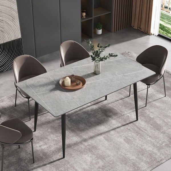 J&E Home 62.99 in. Rectangle Gray Sintered Stone Top with Black Metal Frame (Seats 4-6)