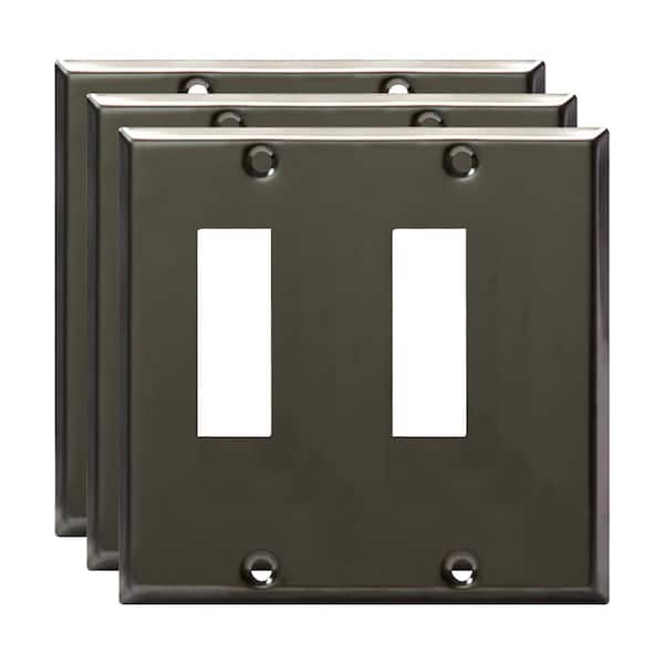 ENERLITES 2-Gang Polished Black Decorator/Rocker Outlet Metal Wall Plate, 3-Pack