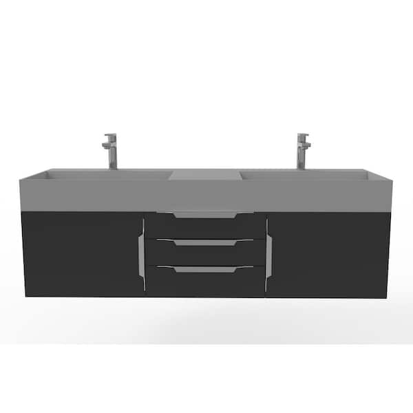 castellousa Maranon 60 in. W x 19 in. D x 19.25 in. H Double Floating Bath Vanity in Matte Black with Chrome Trim and Gray Top