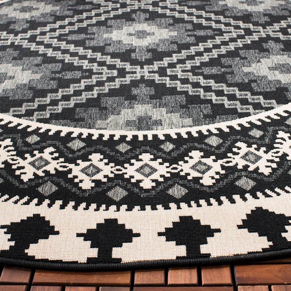 Easycare Veranda Black & Cream Synthetic 3' Round Indoor/Outdoor Rug