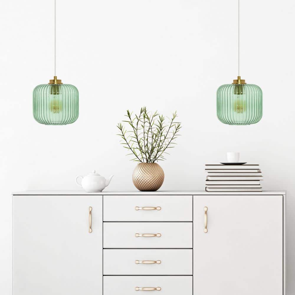Green Glass Globe Pendant Light with Brushed Gold Finish