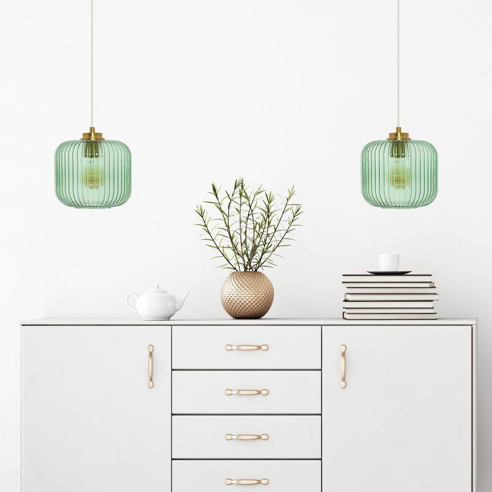 Green Glass Globe Pendant Light with Brushed Gold Finish