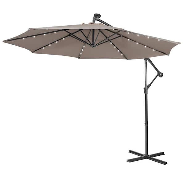 Costway 10 ft. Steel Cantilever Solar Powered 32 LED Lighted Patio Umbrella in Coffee