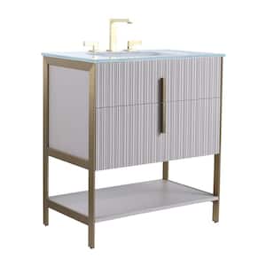 30 in. W x 18 in. D x 33.5 in. H Bath Vanity in Bright Taupe with Glass Single Sink Top in White with Brass Hardware