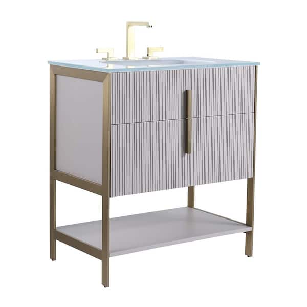 FINE FIXTURES 30 in. W x 18 in. D x 33.5 in. H Bath Vanity in Bright Taupe with Glass Single Sink Top in White with Brass Hardware