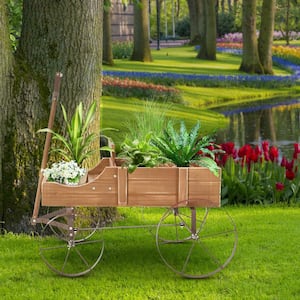 Wooden Garden Flower Planter Wagon Wheel Plant Bed Decorative Garden Planter for Backyard Garden Brown