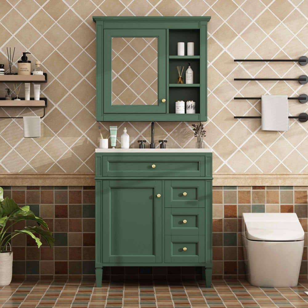 30 in. Freestanding Green Bath Vanity with White Ceramic Top, 2-Drawers and a Tip-Out Drawer price history on PriceWatchPro