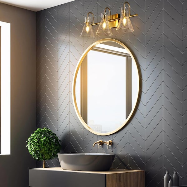 Modern Bell Bathroom Vanity Light, 3-Light Brass Gold Wall Sconce Light with Seeded Glass Shade