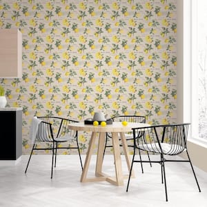 Citron Botanical Yellow/Green/Taupe Matte Finish Vinyl on Non-Woven Non-Pasted Wallpaper Roll