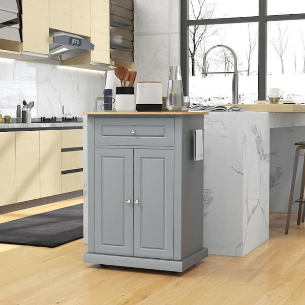 Grey Kitchen Cart with Drawers; Locking Casters; Shelf; Wheels
