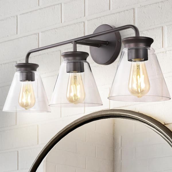 JONATHAN Y Kondo 27 in. 3-Light Oil Rubbed Bronze/Clear Modern Farmhouse Iron LED Vanity Light