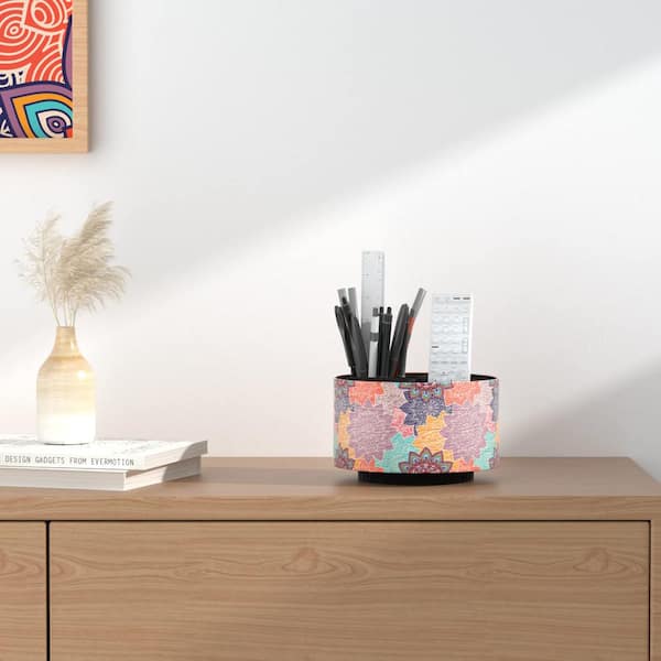 5.51 in. x 5.51 in. Round Leather Organizer, Remote Control Holder, Multi-Functional Desktop Organizer (Colorful Flower)