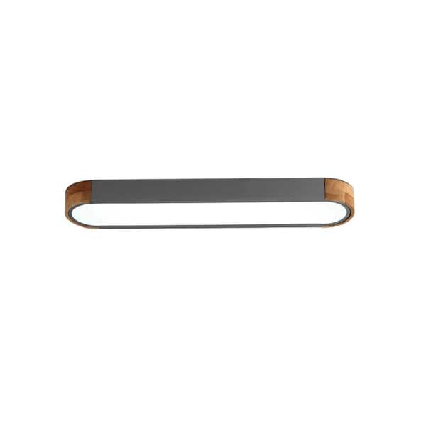 HUOKU Lumin 38 in. W 1-Light Gray and Wood Integrated LED Flush Mount Minimalist Long Oval Ceiling Light for Bathroom/Kitchen