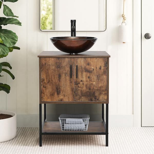 24 in. W x 20 in. D x 31.5 in. H Bath Vanity in Brown with Brown Vessel Sink Top ORB Faucet