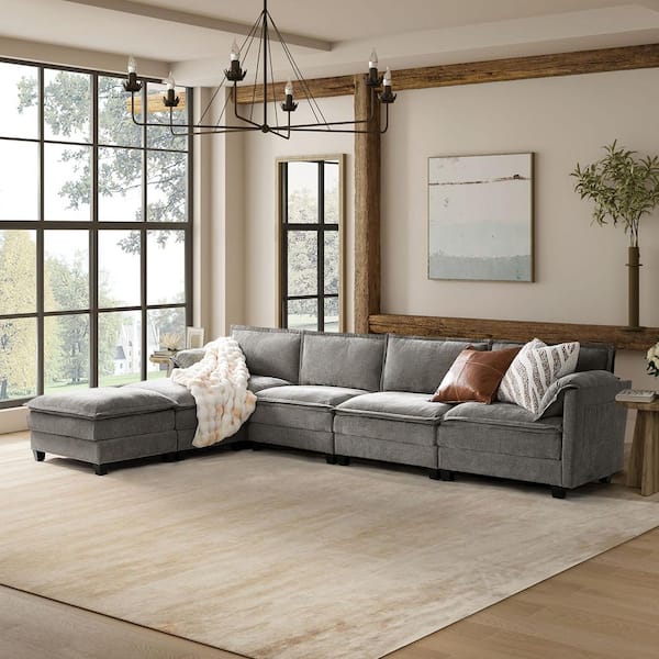 JAYDEN CREATION Noemi Pillow Arm 142 in. 6-piece Polyester Sectional Sofa in. Light Gray