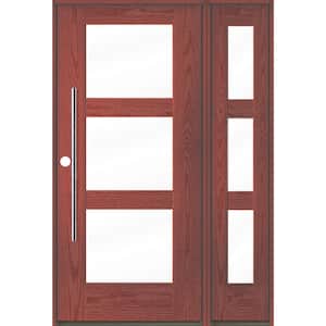 Modern Faux Pivot 50 in. x 80 in. 3-Lite Right-Hand/Inswing Clear Glass Redwood Stain Fiberglass Prehung Front Door/RSL