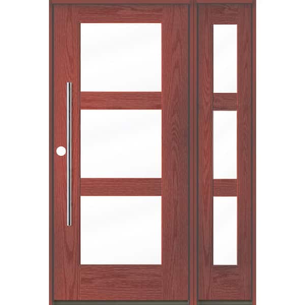 Krosswood Doors Modern Faux Pivot 50 in. x 80 in. 3-Lite Right-Hand/Inswing Clear Glass Redwood Stain Fiberglass Prehung Front Door/RSL