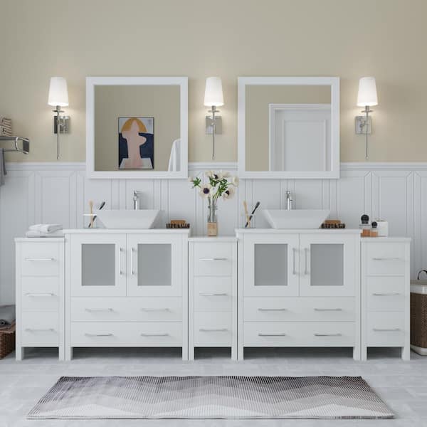 Vanity Art Ravenna 96 in. W Bathroom Vanity in White with Double Basin in White Engineered Marble Top and Mirrors