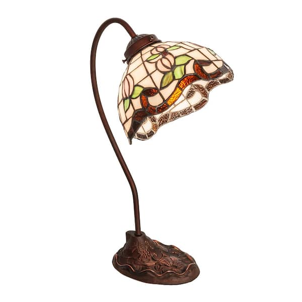 MEYDA Roseborder 18 in. Mahogany Bronze Armed Dimmable Rustic Desk Lamp with Stained Glass Shade