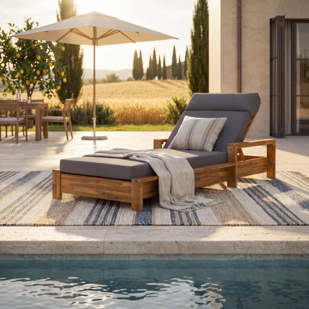 Astero Teak Finish Acacia Wood Outdoor Patio Chaise Lounge with Armrests and Dark Grey 4-Fold Cushion