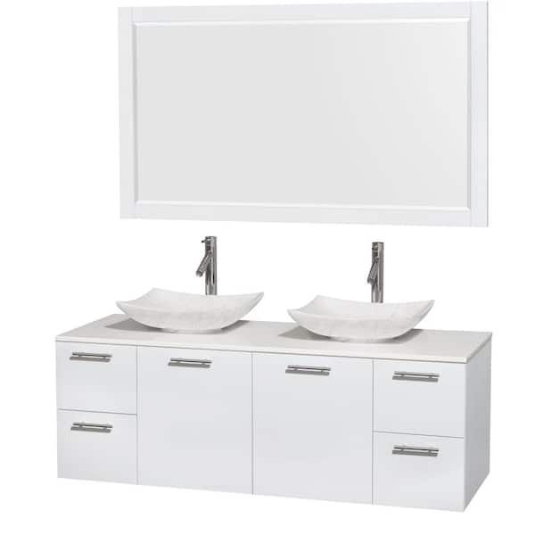 Wyndham Collection Amare 60 in. Double Vanity in Glossy White with Solid-Surface Vanity Top in White, Marble Sinks, 58 in. Mirror