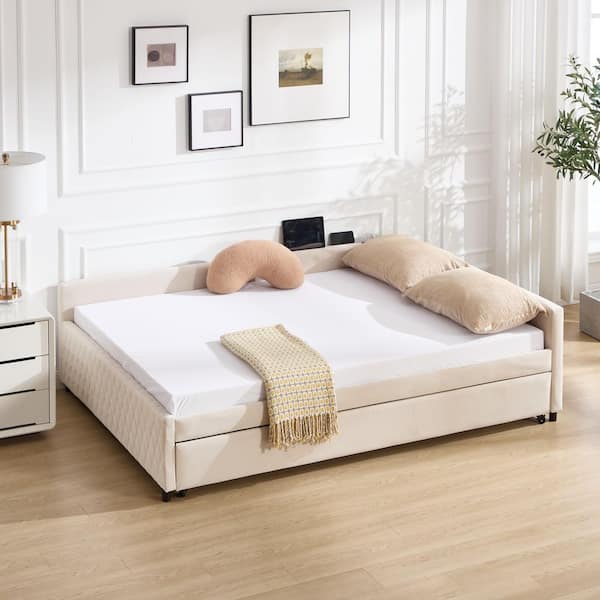 Sparrow Beige Full Size Velvet Upholstered Daybed with Trundle, Diamond Grid Design