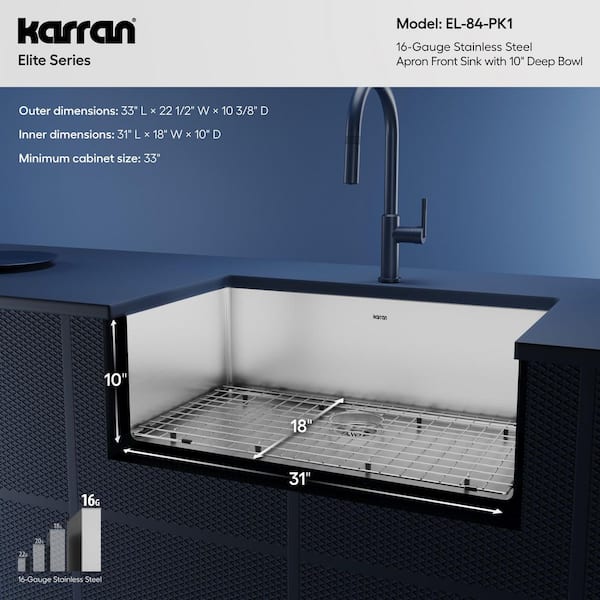 Karran EL-84 Stainless Steel 33 in. Single Bowl Farmhouse/Apron