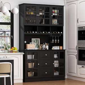 Black Wooden 47.2 in. Width Sideboard, Wine Cabinet, Foodpantry with Adjuastable Shelves, Glass Doors, 3 Drawers