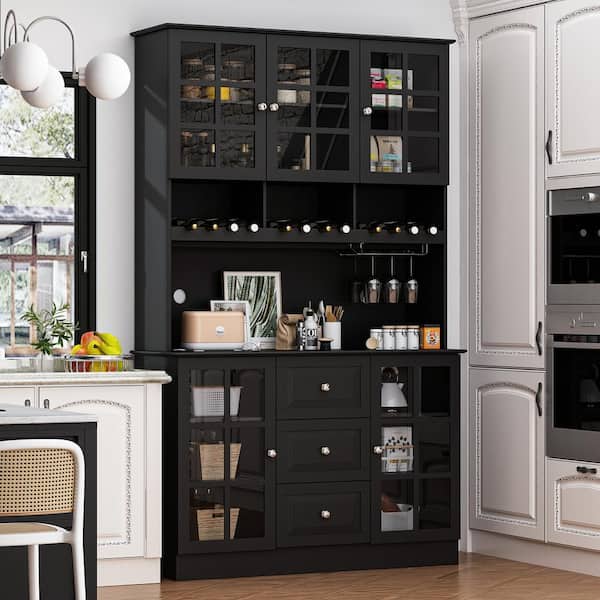 Black Wood 47.2 in. W Sideboard, Buffet, Wine Cabinet, Foodpantry with Adjustable Shelves, Glass Door, 3-Drawer